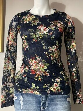 Simons Navy Floral Lace Long-Sleeve Top